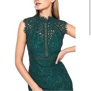Bardot Dark Green Lace High Neck Midi Dress Sleeveless Sheath US 8 M